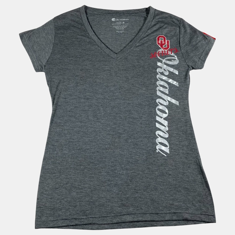 Colosseum Gray Shirt Oklahoma Sooners V-Neck Graphic Print Women Size Medium